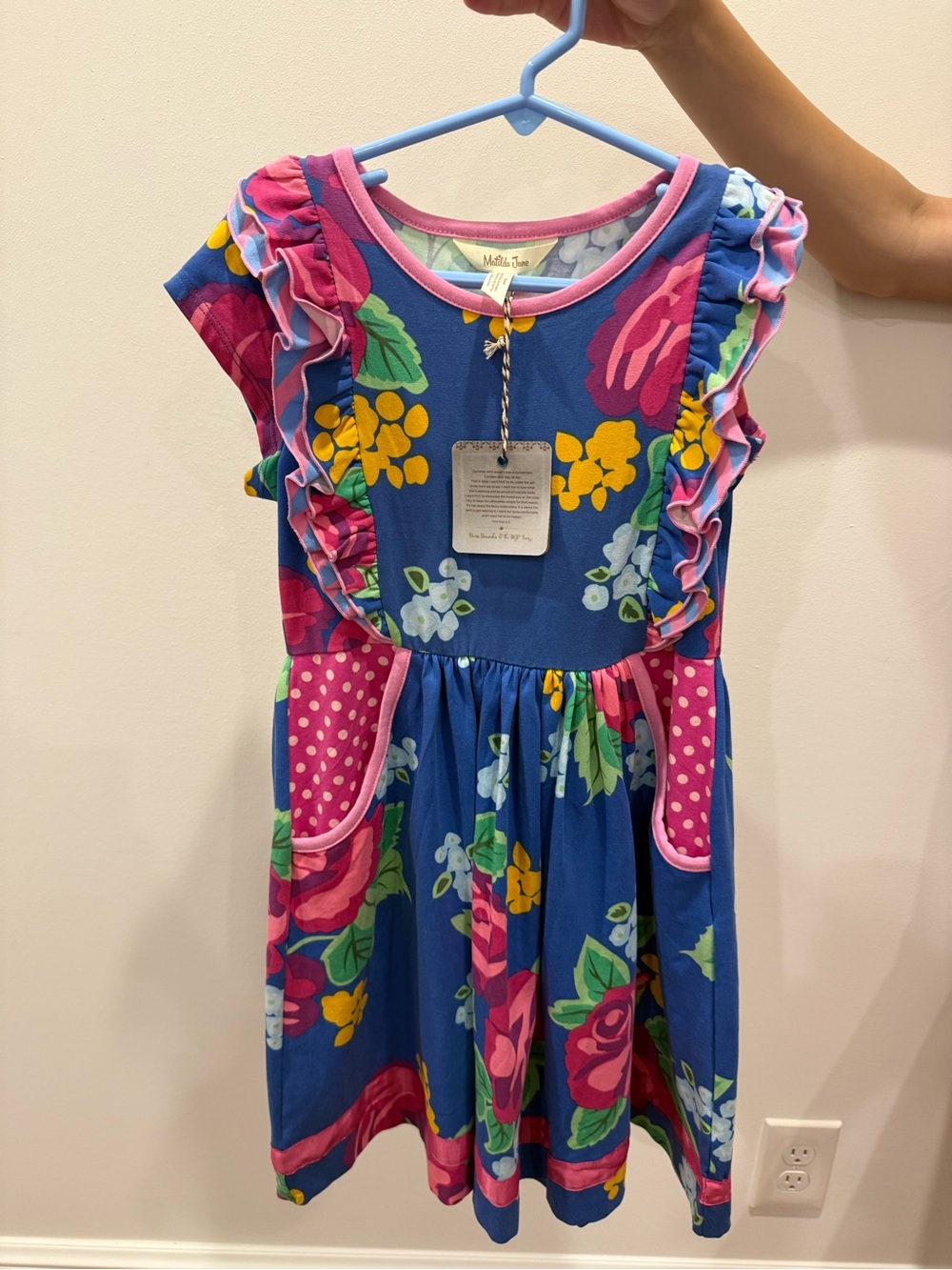 Matilda Jane Blue Floral Dress with Pink Ruffle and Polka Dot Pockets